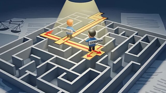 Two figures navigate a complex maze, illustrating problem-solving and strategic thinking in a business context.