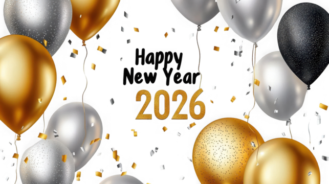 Festive new year celebration with gold and silver balloons and confetti on  on transparent background - Powered by Adobe