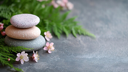 serene with stacked stone surround pink flowers, 3D Rendered Image	