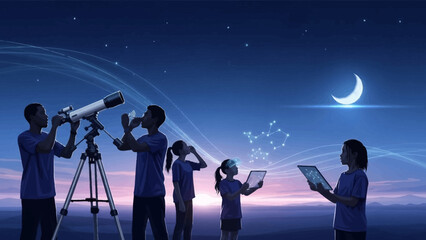 Children's cosmic journey Young explorers merge telescope viewing with digital tablet learning to uncover the night sky's wonders, fostering a passion for astronomy and science © Hadi