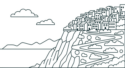 Obraz premium Coastal town illustration with winding road and ocean view art