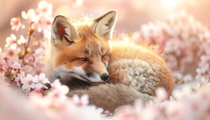 Naklejka premium Red fox curled up, resting peacefully amidst delicate pink cherry blossoms with warm golden light.