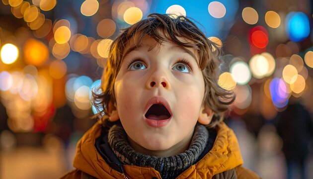 Captivated child with a look of pure wonder, his wide-open eyes reflecting the vibrant bokeh lights of a festive night