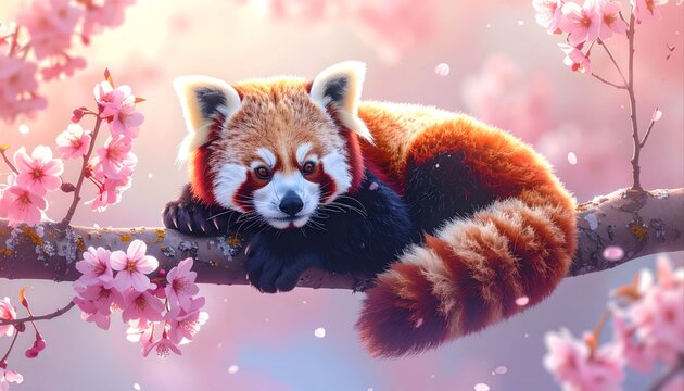 Red Panda Resting on Branch with Pink Cherry Blossoms, Cute Animal Portrait