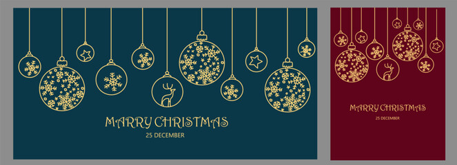 Elegant Christmas card and festive banners design vector design featuring golden line art ornaments, snowflakes, and reindeer on rich backgrounds. Marry Christmas holiday and winter greetings cards.