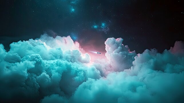 A futuristic spaceship flies through a sea of clouds against a backdrop of a starry night sky, creating a surreal and ethereal atmosphere. - Powered by Adobe