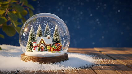 Charming christmas snow globe featuring a cozy house and snowman on a snowy wooden surface