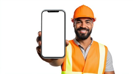 Smartphone Copy Space Held by Construction Worker – Industrial Safety Concept – Clean Background Mockup