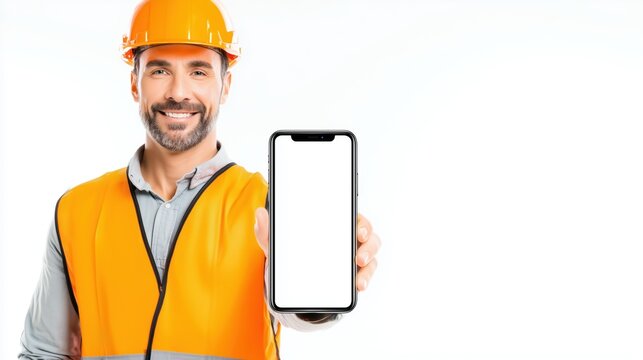 Smartphone Copy Space Held by Construction Worker – Industrial Safety Concept – Clean Background Mockup