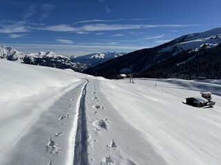 Wonderful winter hiking trails and traces in the fresh alpine snow cover of the Swiss Alps and over the village of St. Ant&ouml;nien - Canton of Grisons, Switzerland (Kanton Graub&uuml;nden, Schweiz)