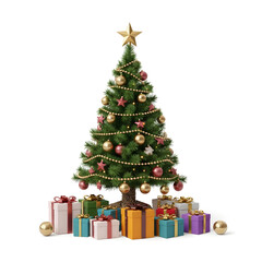 Decorated Christmas Tree with Star Topper and Gifts