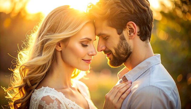 Romantic couple embracing at sunset, bathed in golden sunlight, serene moment of connection