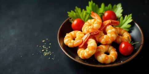 Fototapeta premium Golden fried shrimp and vibrant vegetables on a black background , overhead shot, battered shrimp, tasty