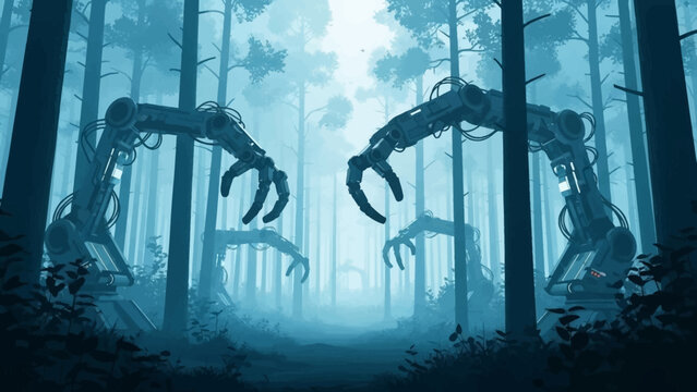 Robotic arms emerge from a misty forest, creating an eerie and futuristic atmosphere.