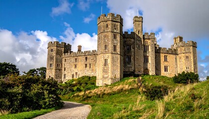 Historic Castle on a Hilltop Under a Blue Sky with Clouds.
