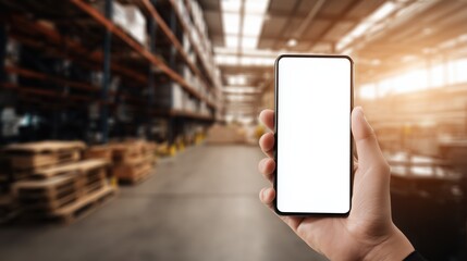 Worker Holding Smartphone in Warehouse – Industrial Tech Mockup – Logistics Display