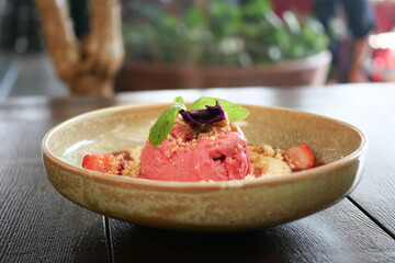 Delicious sorbet served in a rustic bowl