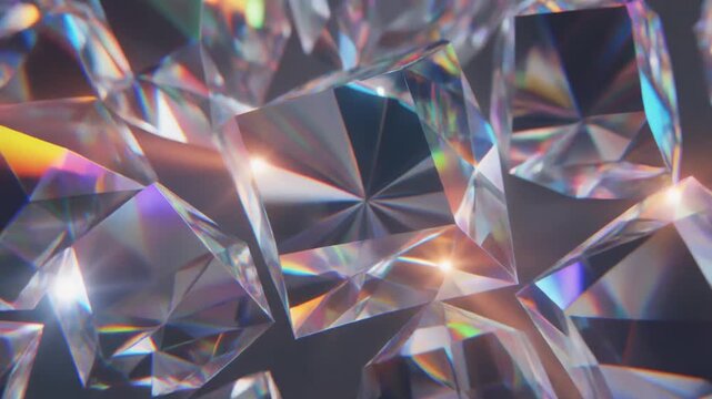 A stunning close-up macro view of brilliant cut diamonds, their facets catching light to create a dazzling display of rainbow sparkle and pure luxury