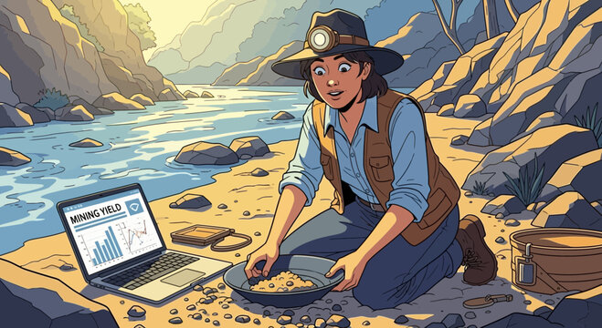 Cartoon woman prospector by river reviewing mining yield data on laptop