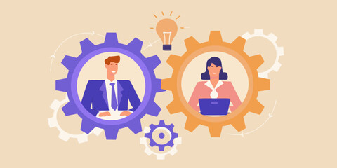 Business teamwork and collaboration concept with gears and light bulb idea