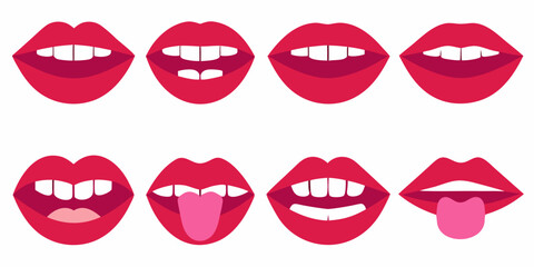 Set of red lips with different expressions and mouth positions on white background