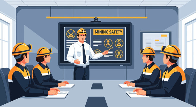 Engaging mining safety briefing in a modern meeting space with attentive audience