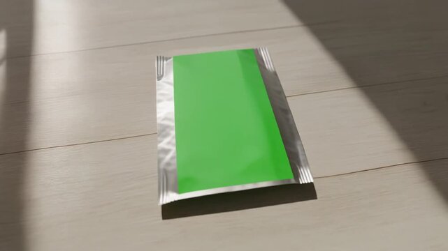 A silver foil pouch with a blank green screen label for product branding mockups, lying on a sunlit wooden floor. Concept for food or cosmetic packaging design