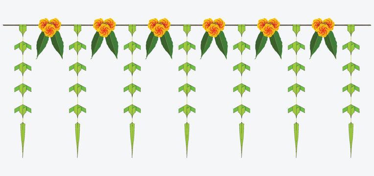 Indian Traditional palm and mango Leaves toran. Decoration for Indian Hindu Auspicious Occasion, editable design.
