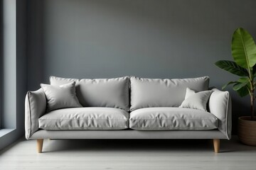 Elegant gray sofa, Scandinavian design, wooden legs , apartment, contemporary, textile
