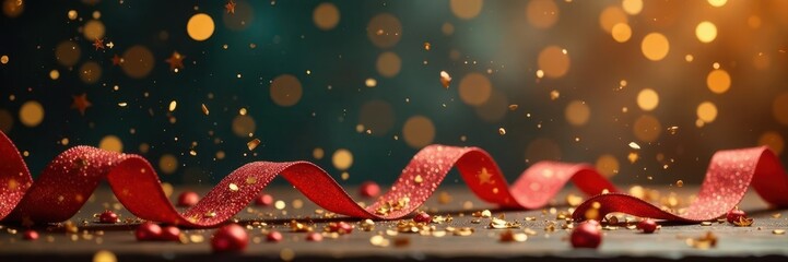 Golden confetti and zigzag ribbon cascade, festive tinsel streamers , sparkle, golden