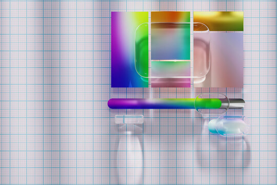 Glassmorphism gradient composition with transparent 3D shapes on grid 
