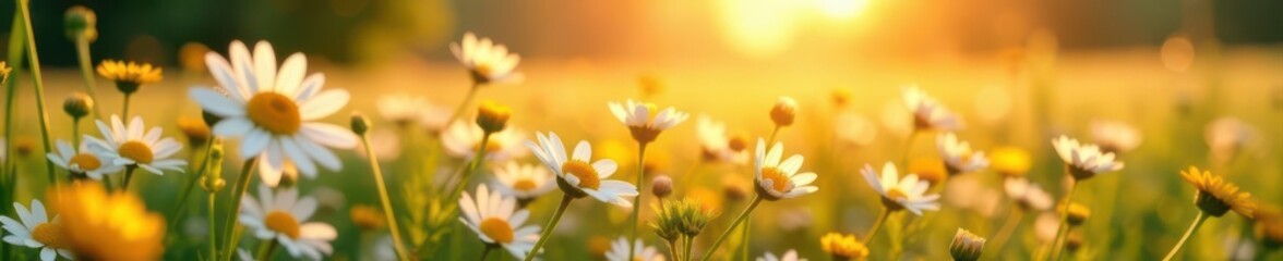 Soft sunrise light bathes a sprawling daisy meadow in beige hues , morning, sunrise, dawn