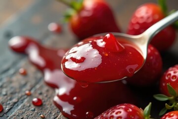 Spoonful of strawberry jam, glistening texture, breakfast, glossy