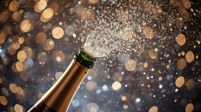 Bubbly Celebration: The Golden Burst from champagne bottle 