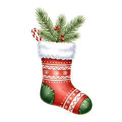 Christmas Stocking Filled with Holiday Gifts and Winter Greenery in Realistic Style Decoration