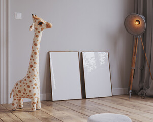 Children bedroom interior, frame mockup, 3D render