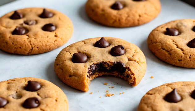 Freshly baked chocolate chip cookie with a bite taken out, surrounded by whole cookies. Delicious homemade dessert or snack food. - Powered by Adobe
