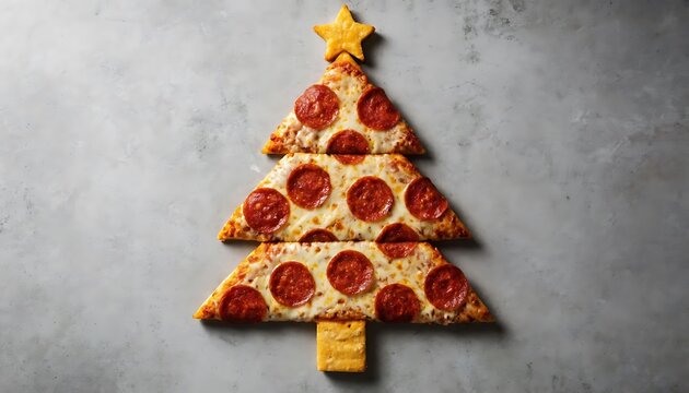 Pepperoni pizza slices arranged in a Christmas tree shape with a cheese cracker star and trunk. Festive holiday food concept. - Powered by Adobe