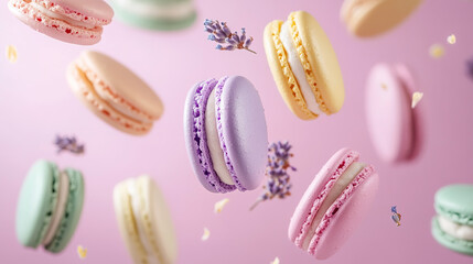 Floating colorful macarons with flower	