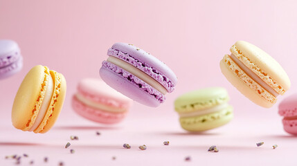 Floating colorful macarons with flower	