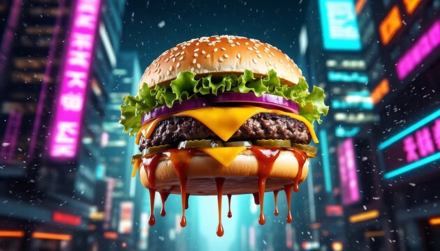 Juicy beef burger with melting cheese and sauce against a futuristic neon cityscape. Fast food and urban nightlife concept.
