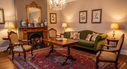 Elegant Traditional Living Room with Green Sofa and Antique Furniture