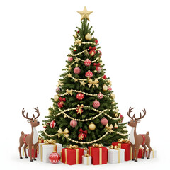 Christmas Tree with Reindeer Figurines and Wrapped Gifts
