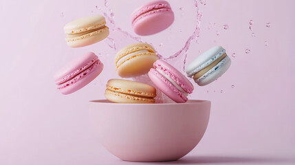 Floating colorful macarons with pink bowl