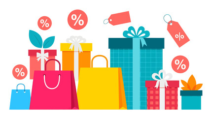 A pile of colorful gift boxes and shopping bags sits beneath floating red percentage bubbles and price tags, perfectly illustrating the festive excitement of a massive holiday discount shopping spree