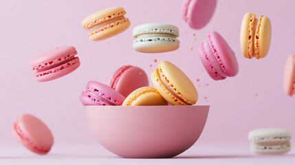 Floating colorful macarons with pink bowl