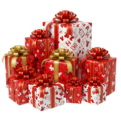 Pile of Red and White Holiday Gift Boxes with Golden Ribbon