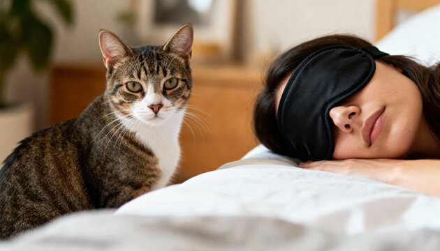 Calm tabby cat sits on white bed next to its sleeping woman owner wearing black sleep mask in peaceful morning bedroom scene - Powered by Adobe