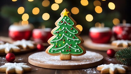 Gingerbread Christmas tree cookie on a wooden board. Winter holiday baking and festive decoration concept for Christmas greeting card.
