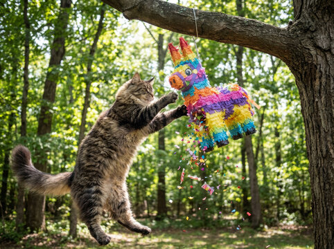 Chat tigr&eacute; bondit joyeusement pour attraper la pi&ntilde;ata multicolore suspendue &agrave; une branche en for&ecirc;t.